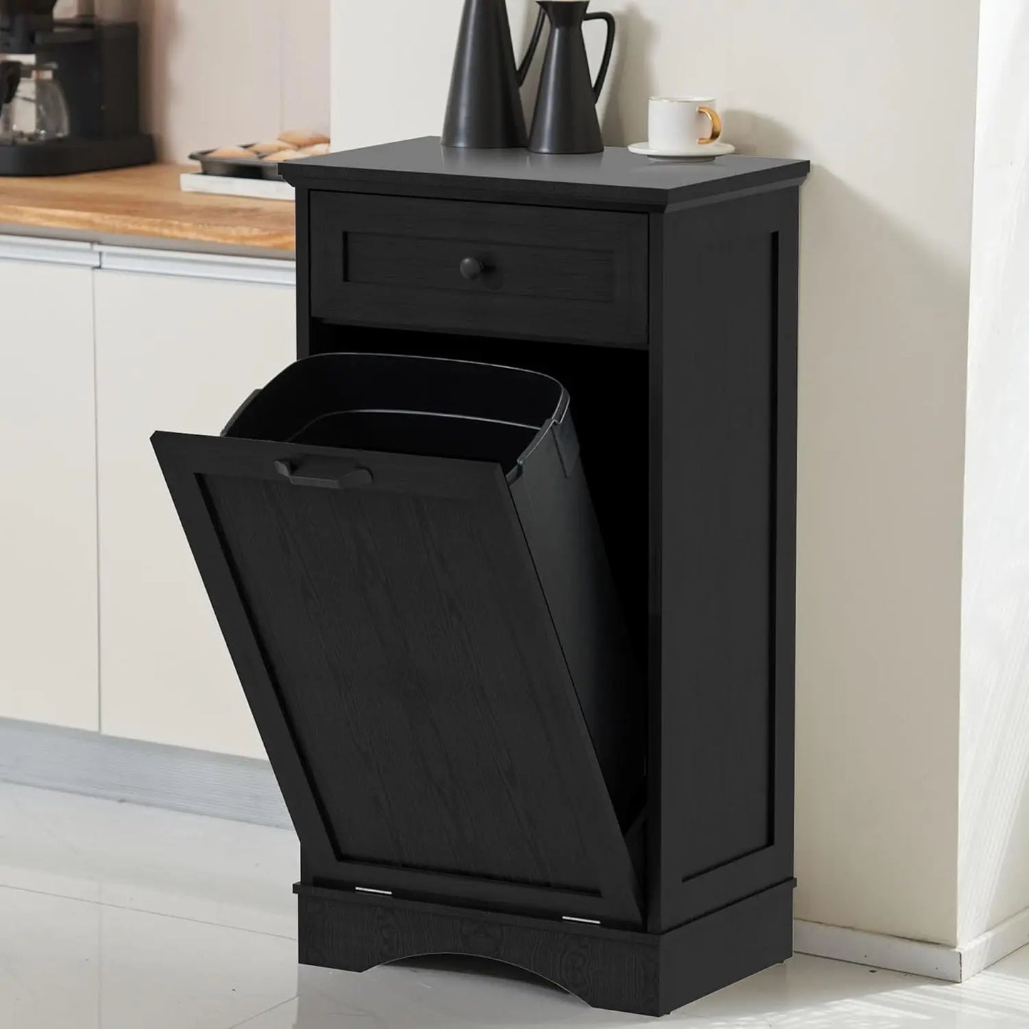 13 Gallons Tilt Out Trash Cabinet Freestanding Kitchen Trash Bin Cabinet Wood Garbage Recycling Cabinet with Hideaway Drawer Pet
