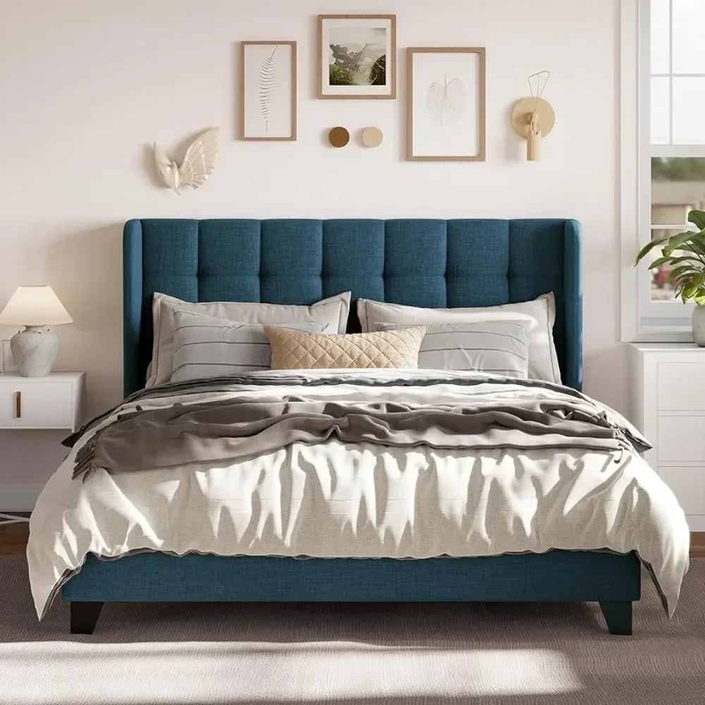 Fabric Upholstered Square Stitched Headboard and Wooden Slats Beds and Furniture for Home Mattress Basics Wingback Bed Set Frame