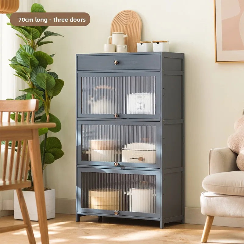 Kitchen shelves Floor-to-ceiling multi-layer storage cabinets with doors, cabinets, dishes, pots and pans, electrical appliances