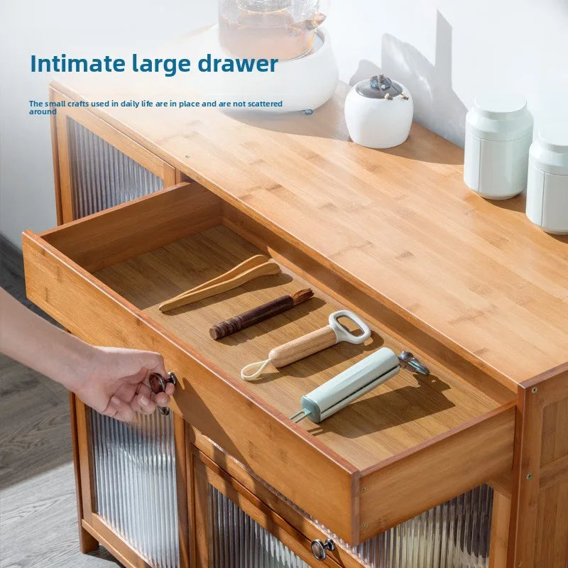 Kitchen shelves Floor-to-ceiling multi-layer storage cabinets with doors, cabinets, dishes, pots and pans, electrical appliances