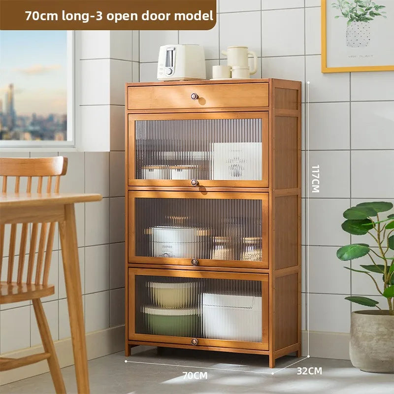 Kitchen shelves Floor-to-ceiling multi-layer storage cabinets with doors, cabinets, dishes, pots and pans, electrical appliances