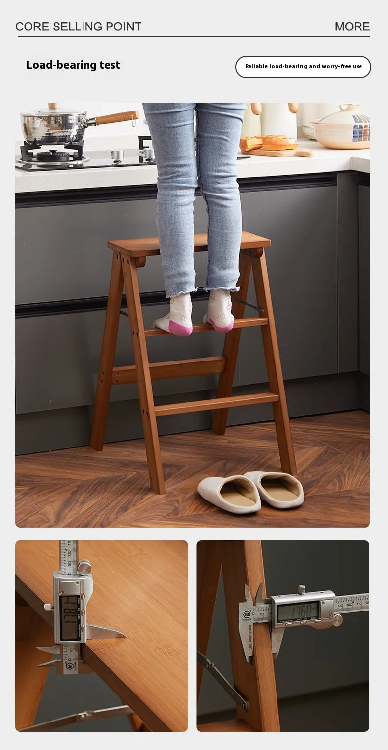 Household Solid Wood Folding Ladder Folding Chair Thickened Climbing Wooden Step Stool (Natural Wood Color)