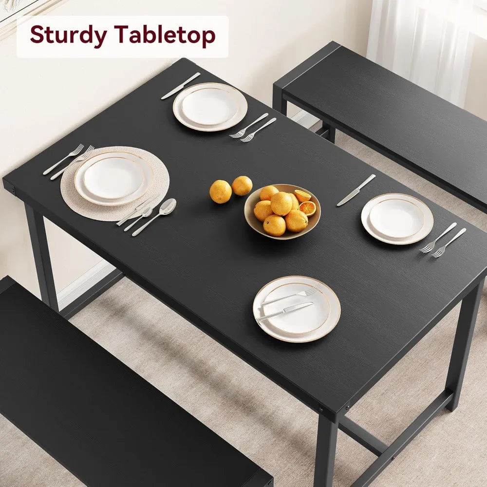 Dining Table Set for 4, Kitchen Table with Benches, Rectangular Dining Room Table Set with 2 Metal Wood Benches, 3 Piece Dining