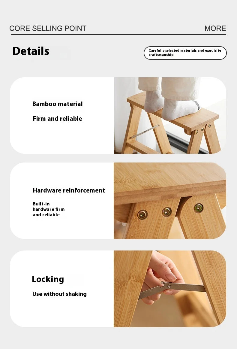 Household Solid Wood Folding Ladder Folding Chair Thickened Climbing Wooden Step Stool (Natural Wood Color)