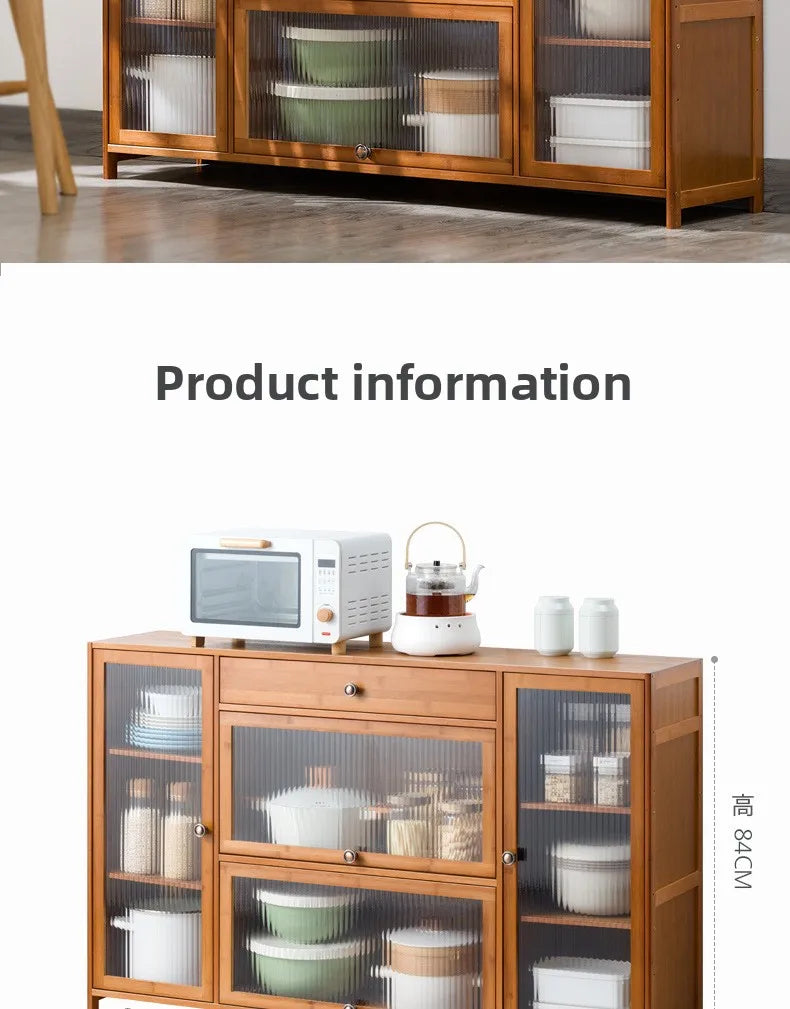 Kitchen shelves Floor-to-ceiling multi-layer storage cabinets with doors, cabinets, dishes, pots and pans, electrical appliances