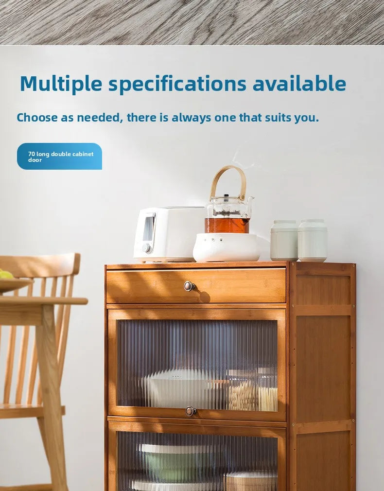Kitchen shelves Floor-to-ceiling multi-layer storage cabinets with doors, cabinets, dishes, pots and pans, electrical appliances