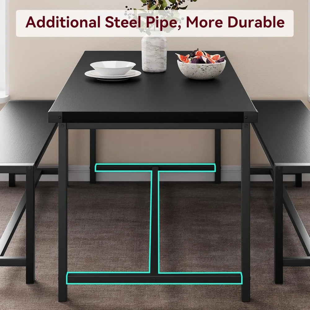 Dining Table Set for 4, Kitchen Table with Benches, Rectangular Dining Room Table Set with 2 Metal Wood Benches, 3 Piece Dining