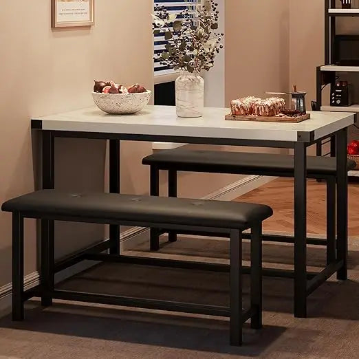 Dining Table Set for 4, Kitchen Table with Benches, Rectangular Dining Room Table Set with 2 Metal Wood Benches, 3 Piece Dining