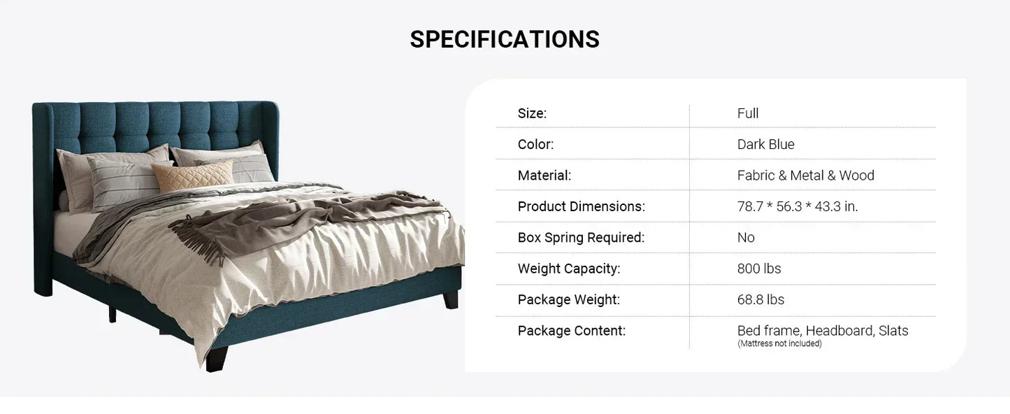 Fabric Upholstered Square Stitched Headboard and Wooden Slats Beds and Furniture for Home Mattress Basics Wingback Bed Set Frame