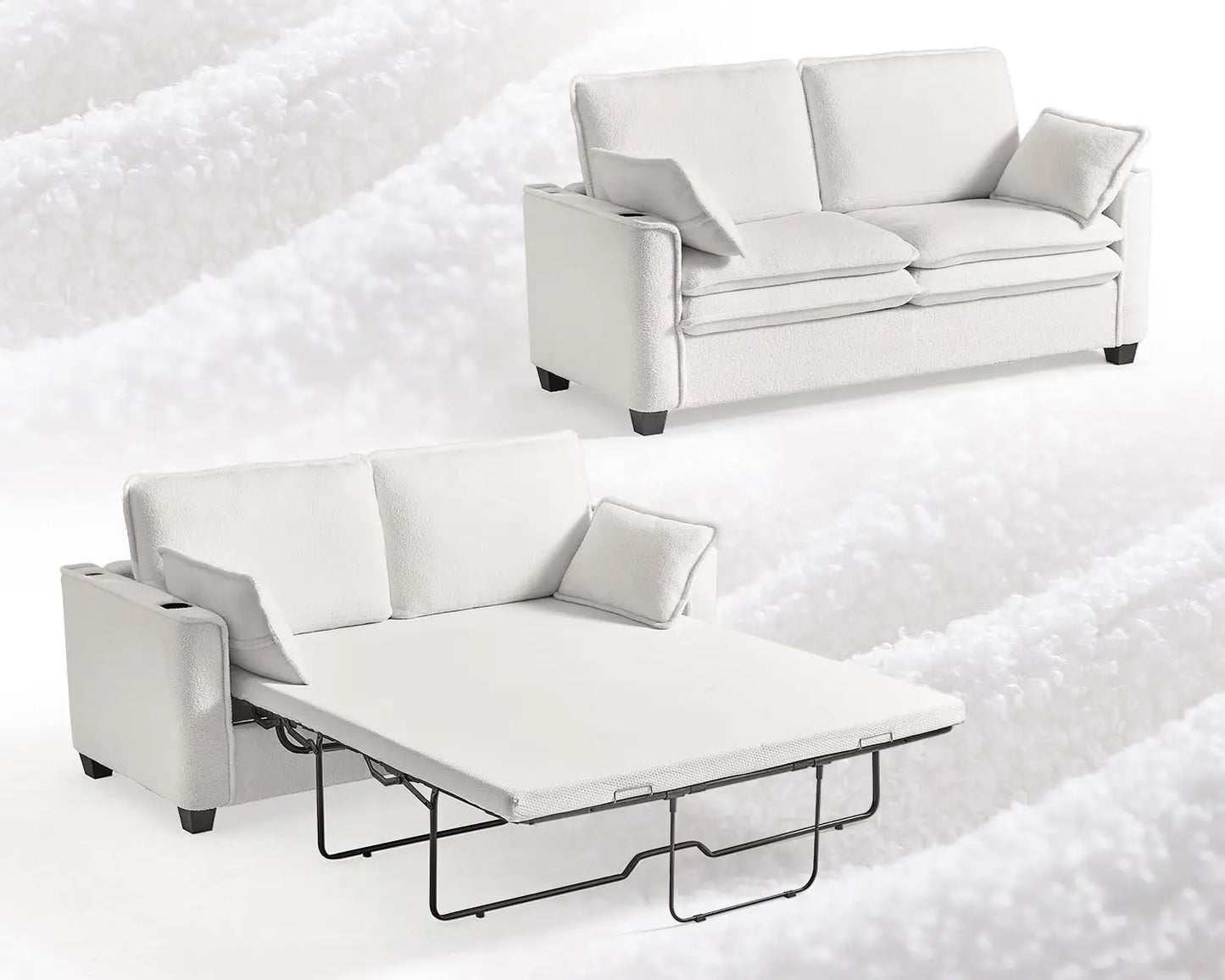 2-in-1 Pull-Out Sofa Bed, Convertible Chenille Sofa with 20W Fast Charging, LED Light, Foam Couch Layered Cushion Trim
