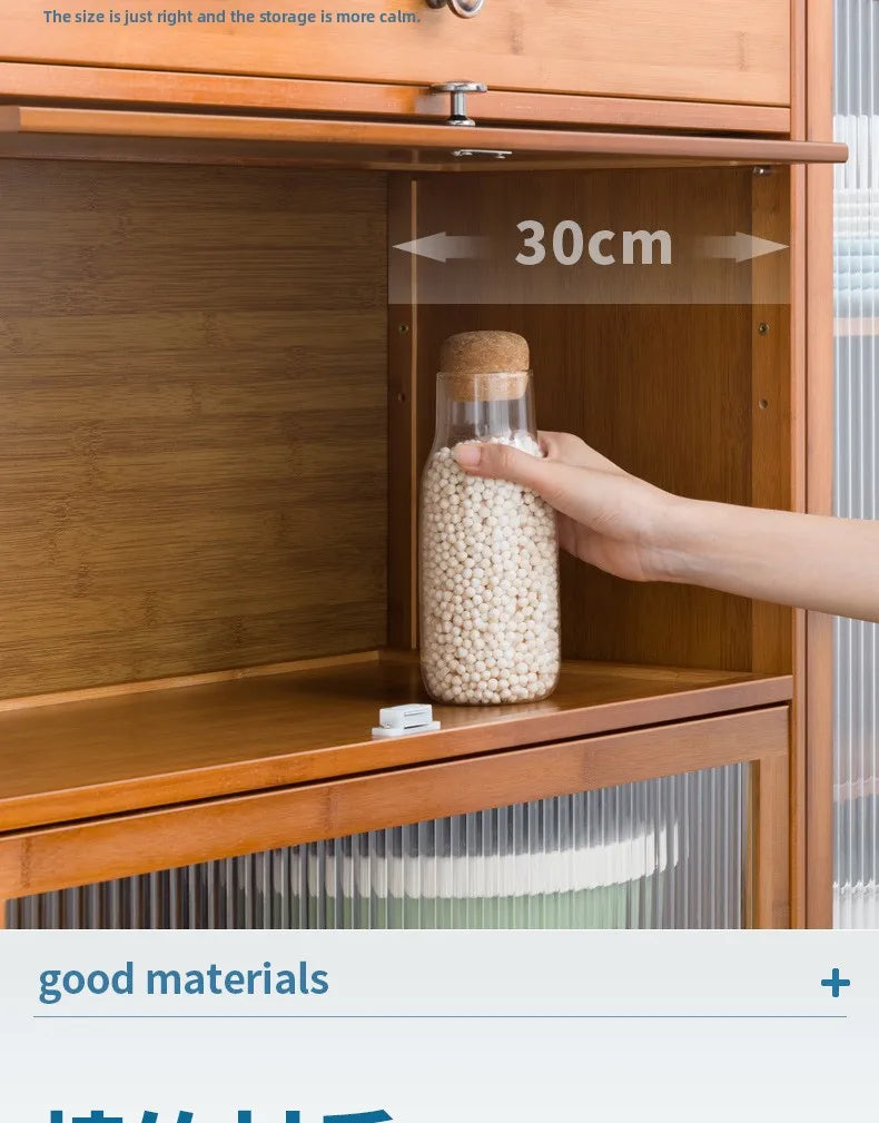 Kitchen shelves Floor-to-ceiling multi-layer storage cabinets with doors, cabinets, dishes, pots and pans, electrical appliances