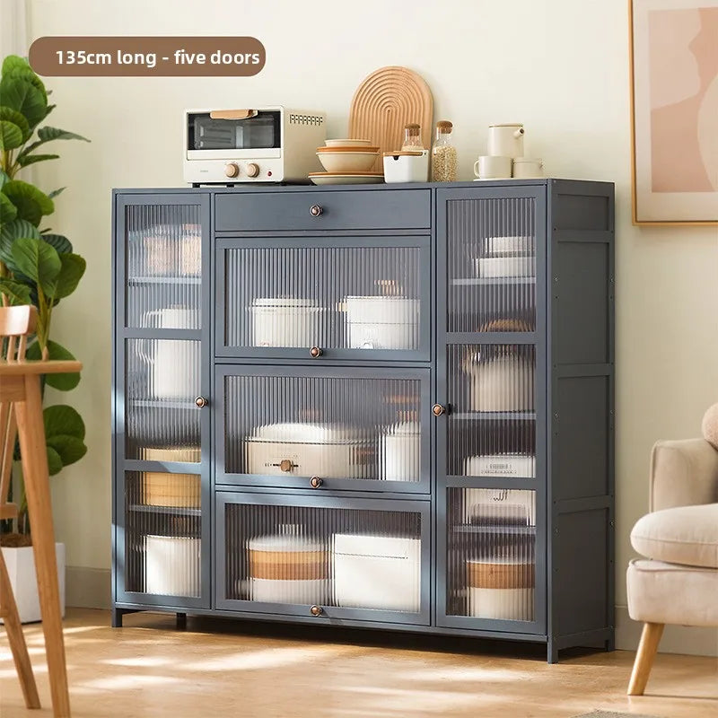 Kitchen shelves Floor-to-ceiling multi-layer storage cabinets with doors, cabinets, dishes, pots and pans, electrical appliances