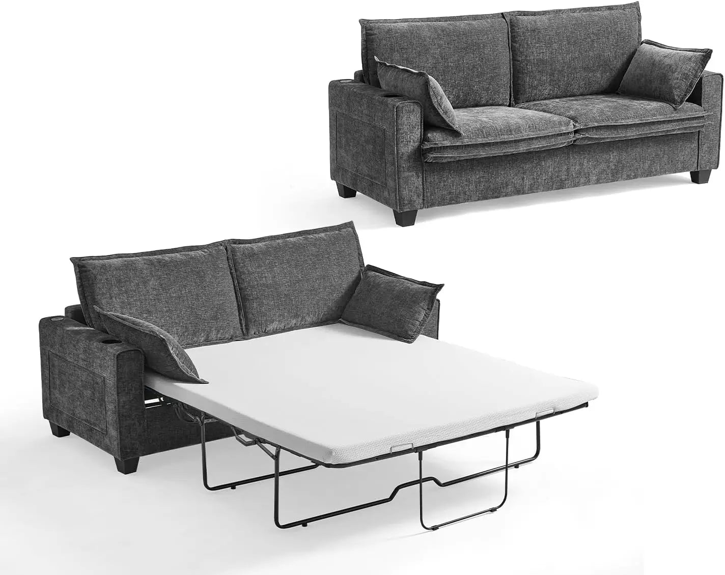 2-in-1 Pull-Out Sofa Bed, Convertible Chenille Sofa with 20W Fast Charging, LED Light, Foam Couch Layered Cushion Trim