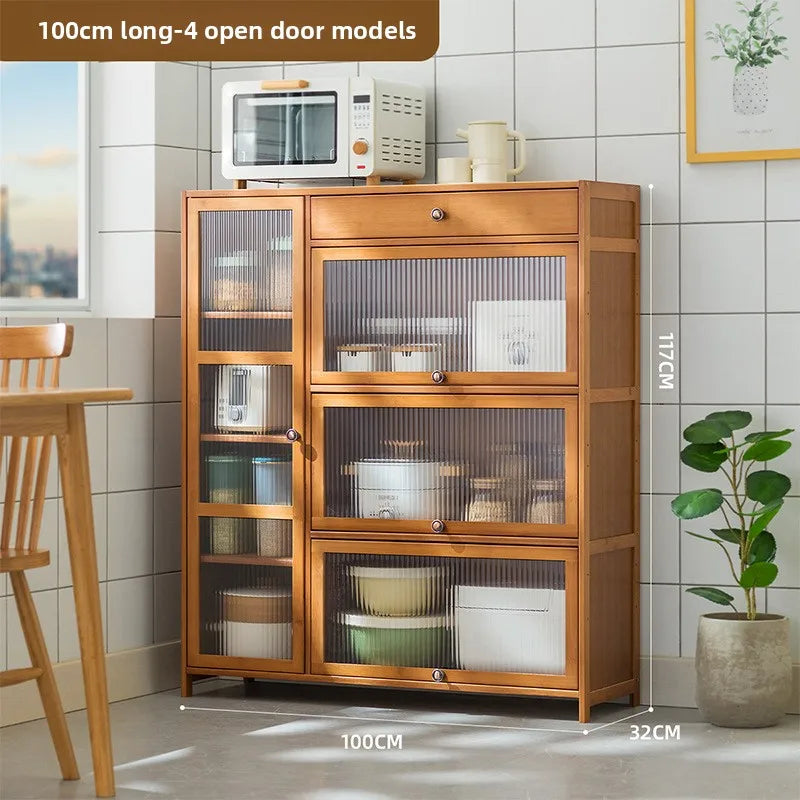Kitchen shelves Floor-to-ceiling multi-layer storage cabinets with doors, cabinets, dishes, pots and pans, electrical appliances