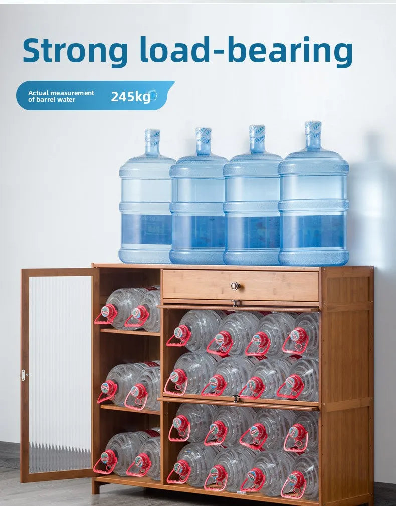 Kitchen shelves Floor-to-ceiling multi-layer storage cabinets with doors, cabinets, dishes, pots and pans, electrical appliances