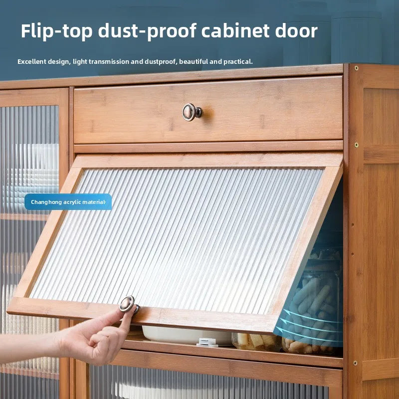 Kitchen shelves Floor-to-ceiling multi-layer storage cabinets with doors, cabinets, dishes, pots and pans, electrical appliances