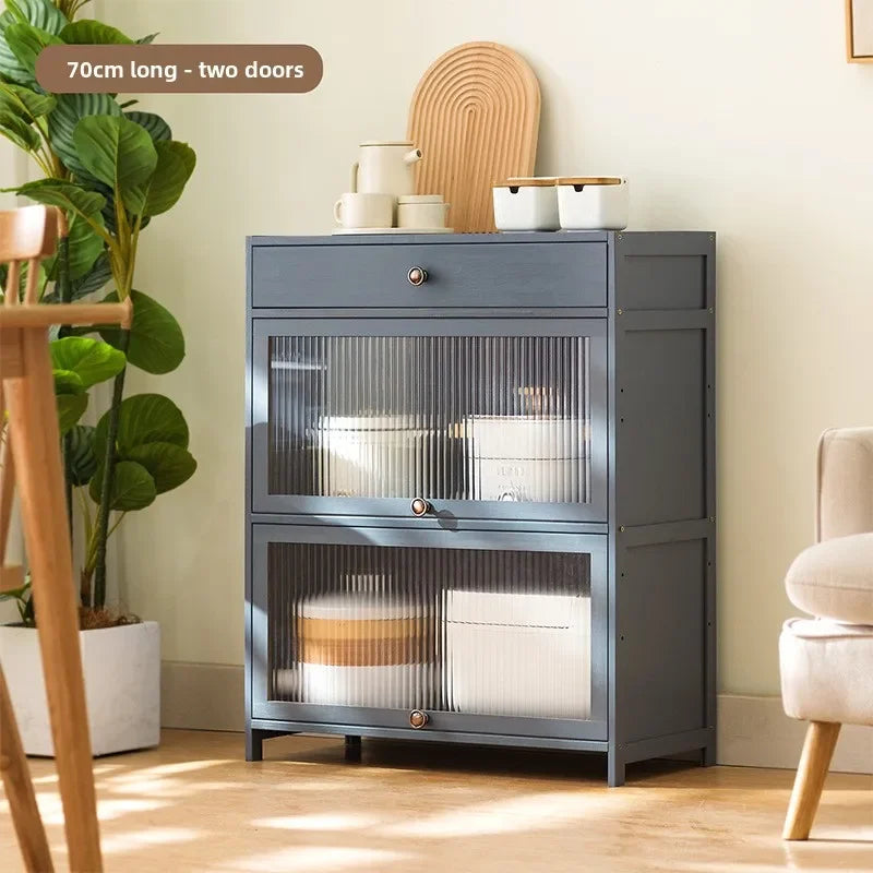 Kitchen shelves Floor-to-ceiling multi-layer storage cabinets with doors, cabinets, dishes, pots and pans, electrical appliances