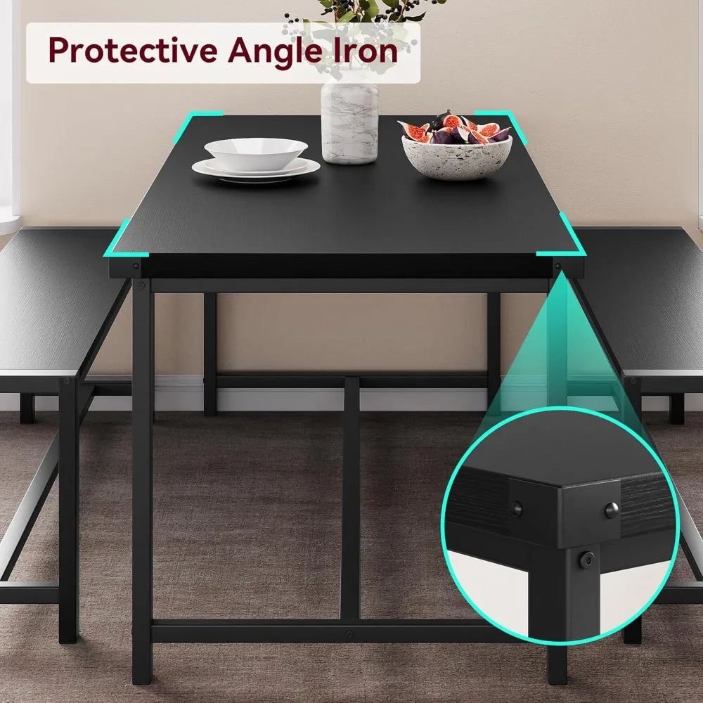 Dining Table Set for 4, Kitchen Table with Benches, Rectangular Dining Room Table Set with 2 Metal Wood Benches, 3 Piece Dining