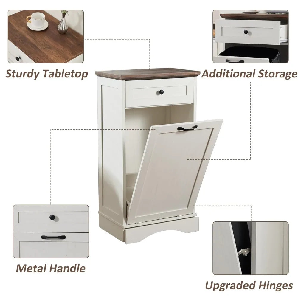 13 Gallons Tilt Out Trash Cabinet Freestanding Kitchen Trash Bin Cabinet Wood Garbage Recycling Cabinet with Hideaway Drawer Pet