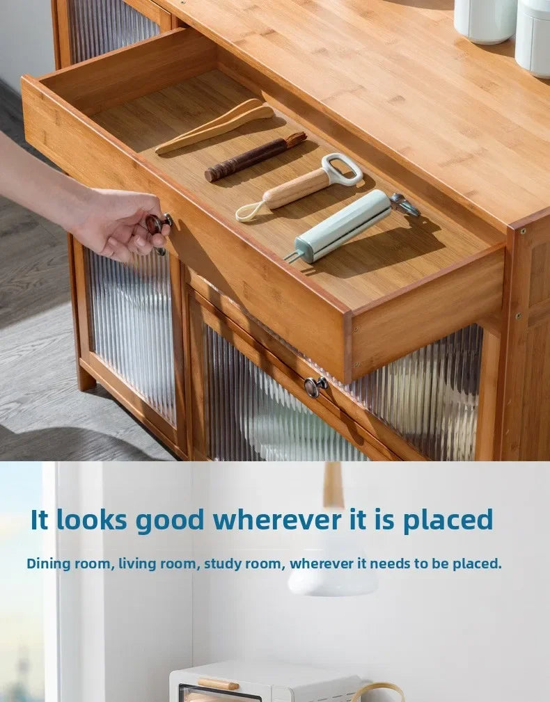 Kitchen shelves Floor-to-ceiling multi-layer storage cabinets with doors, cabinets, dishes, pots and pans, electrical appliances