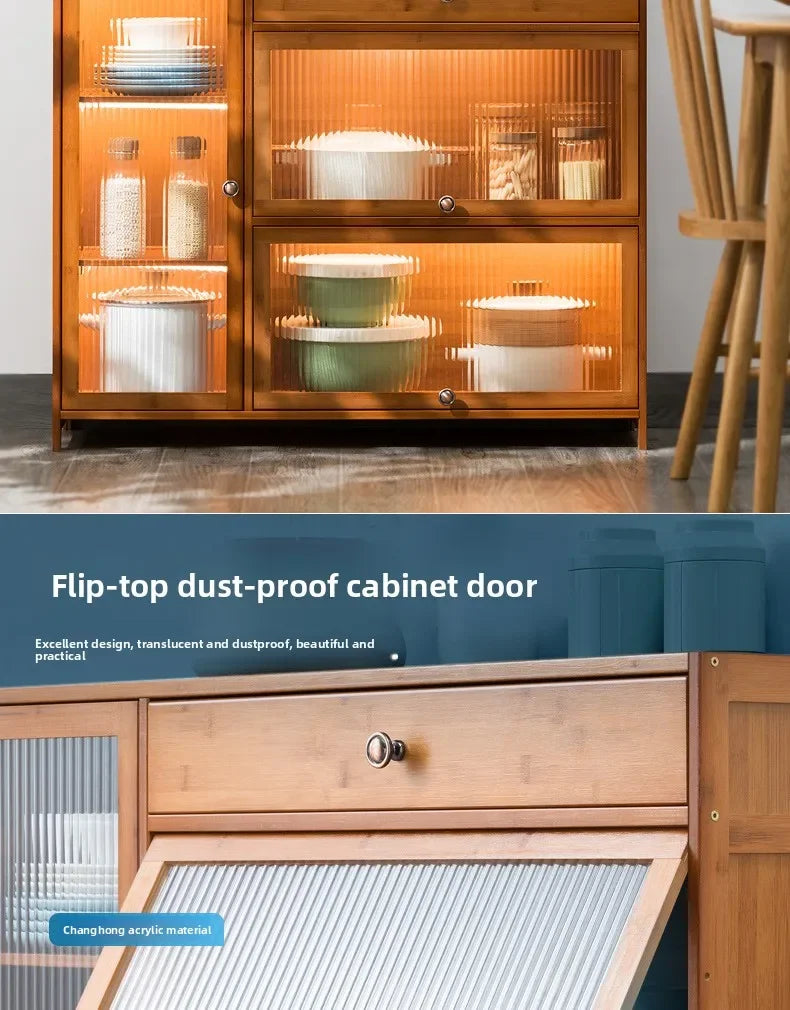 Kitchen shelves Floor-to-ceiling multi-layer storage cabinets with doors, cabinets, dishes, pots and pans, electrical appliances