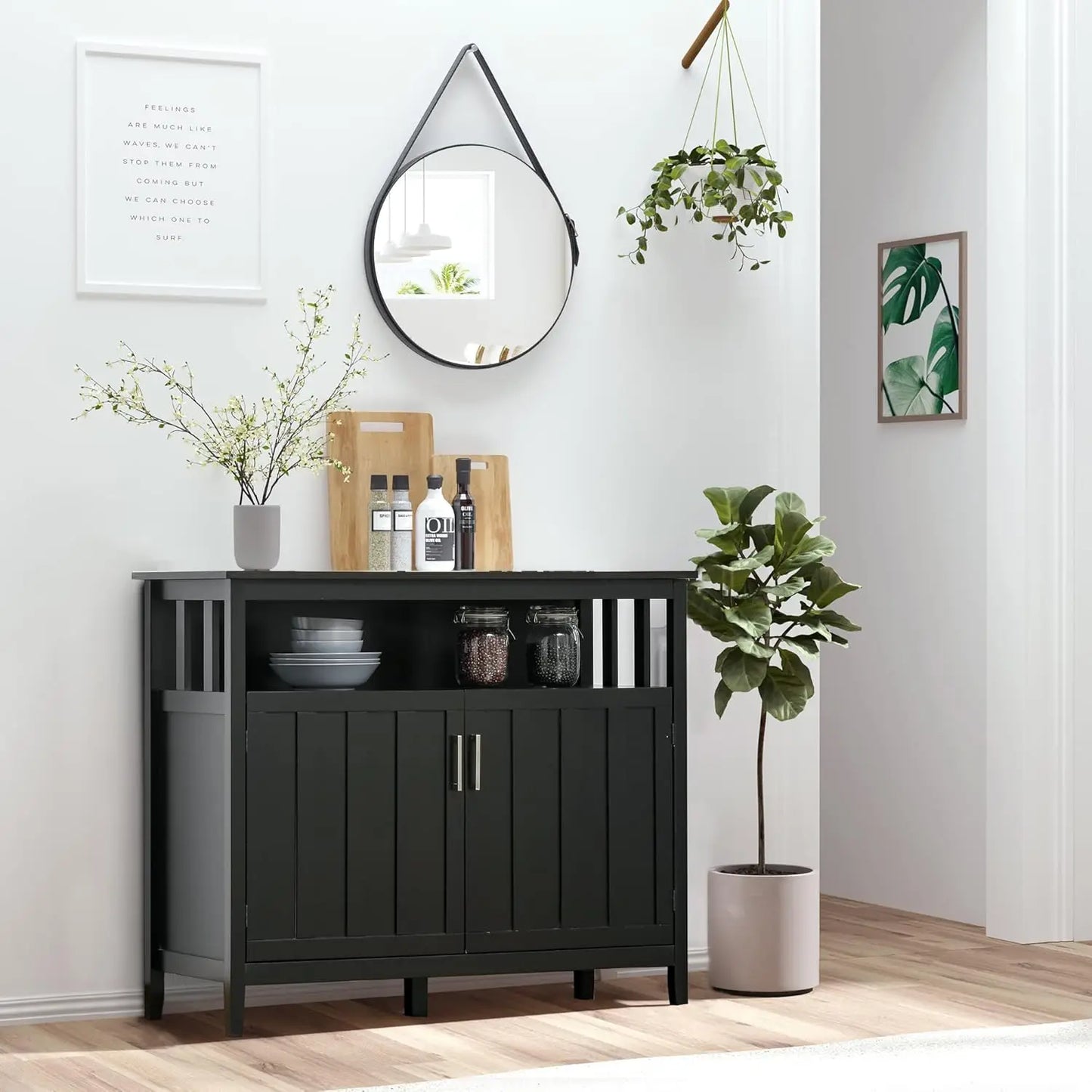 Sideboard Buffet Cabinet, Coffee Bar Cabinet with 2 Doors and Adjustable Shelves for Kitchen Entryway Living Room, Black