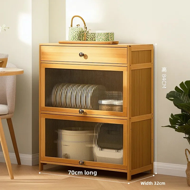 Kitchen shelves Floor-to-ceiling multi-layer storage cabinets with doors, cabinets, dishes, pots and pans, electrical appliances