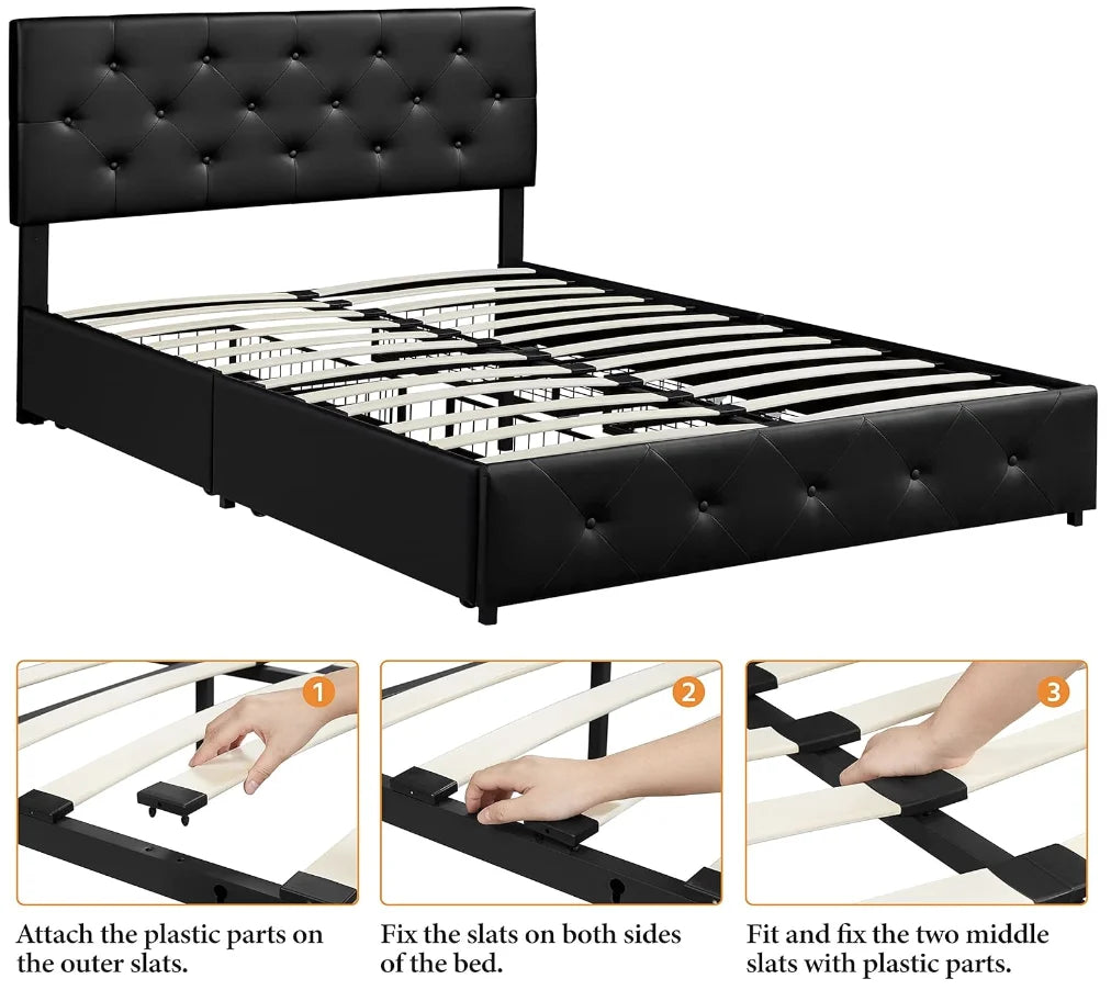 Queen Size Upholstered Bed Frame with 4 Drawers and Adjustable Headboard, Faux Leather Platform Bed with Mattress Foundation St