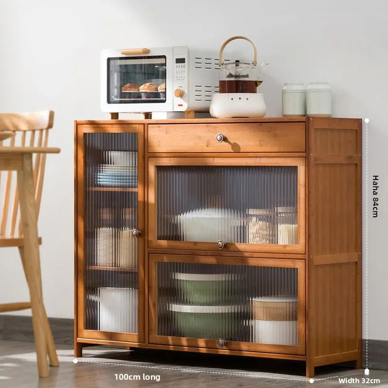 Kitchen shelves Floor-to-ceiling multi-layer storage cabinets with doors, cabinets, dishes, pots and pans, electrical appliances