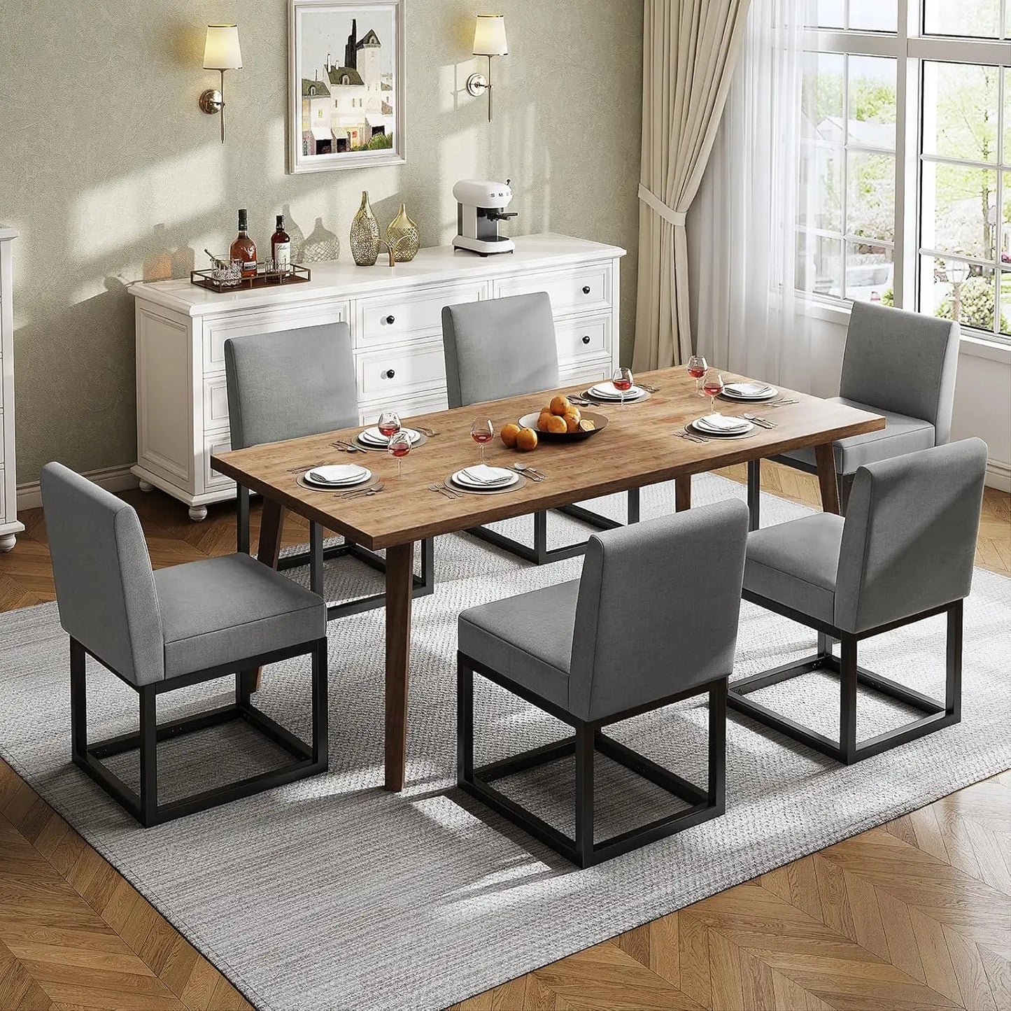 Mid Century Linen Dining Chairs Set of 6, Modern Upholstered Dinner Chairs with Metal Frame for Restaurant, Dining Room, Kitchen