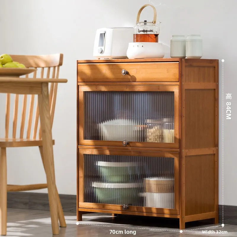 Kitchen shelves Floor-to-ceiling multi-layer storage cabinets with doors, cabinets, dishes, pots and pans, electrical appliances