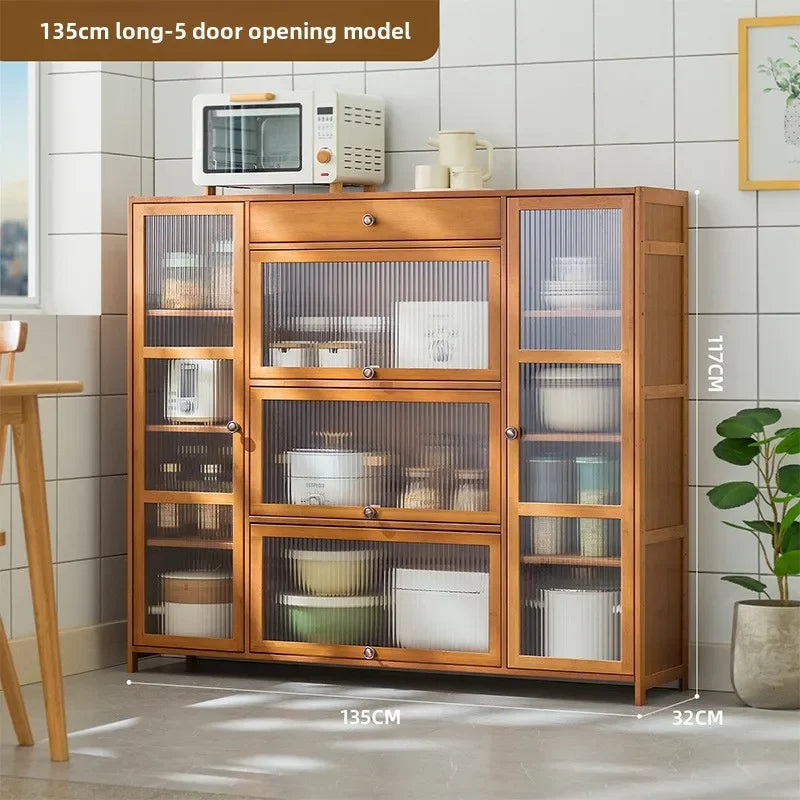 Kitchen shelves Floor-to-ceiling multi-layer storage cabinets with doors, cabinets, dishes, pots and pans, electrical appliances