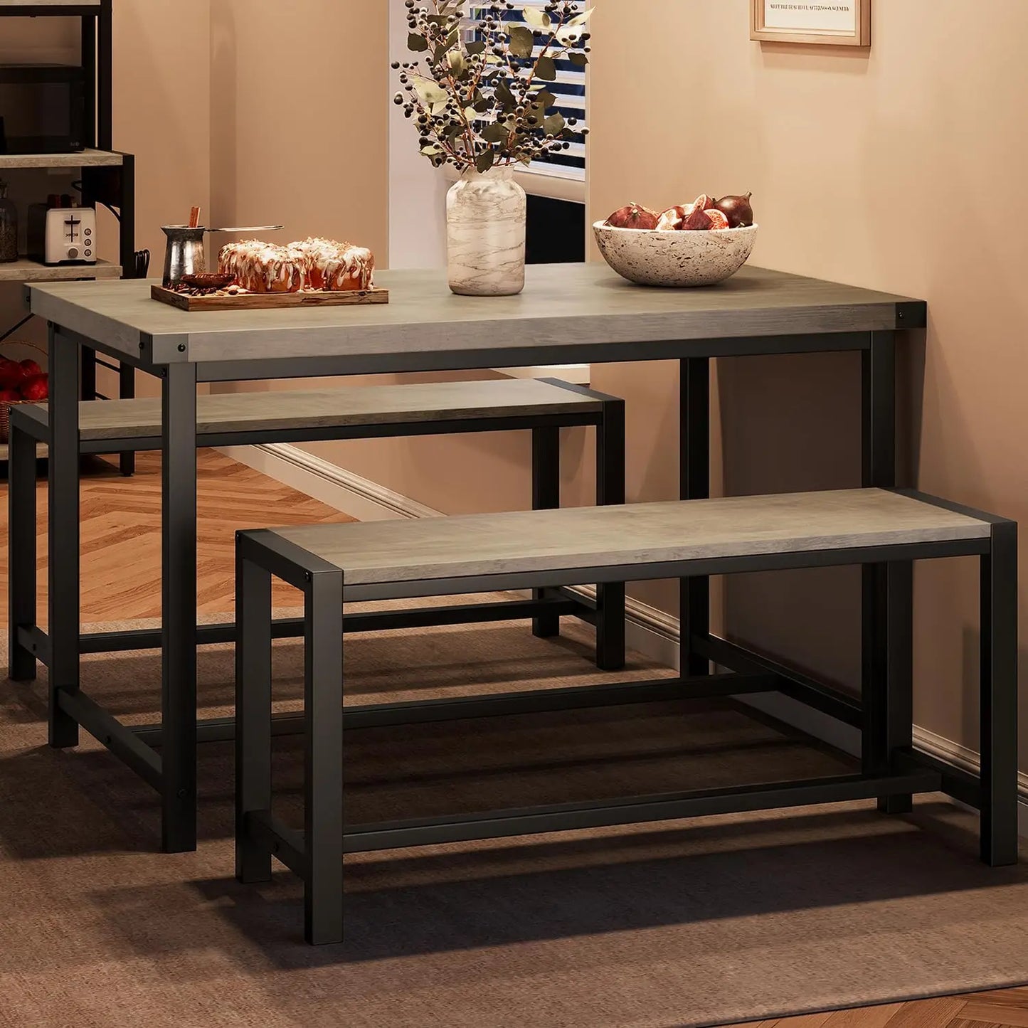 Dining Table Set for 4, Kitchen Table with Benches, Rectangular Dining Room Table Set with 2 Metal Wood Benches, 3 Piece Dining