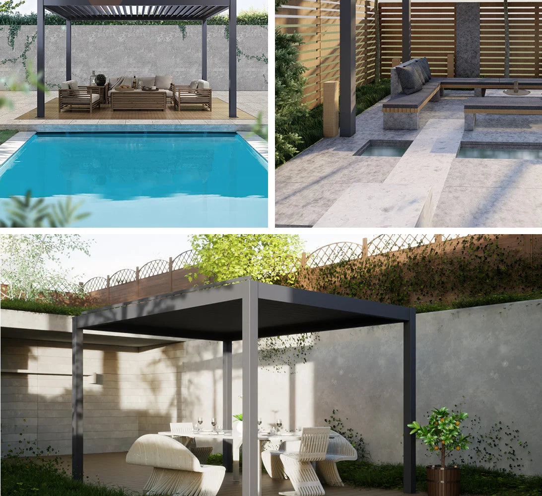 Louver Pergola with LED Light Aluminum Electric Wall Mounted Pavilion Waterproof 6x4 Louvered Aluminium Bioclimatic Pergolas