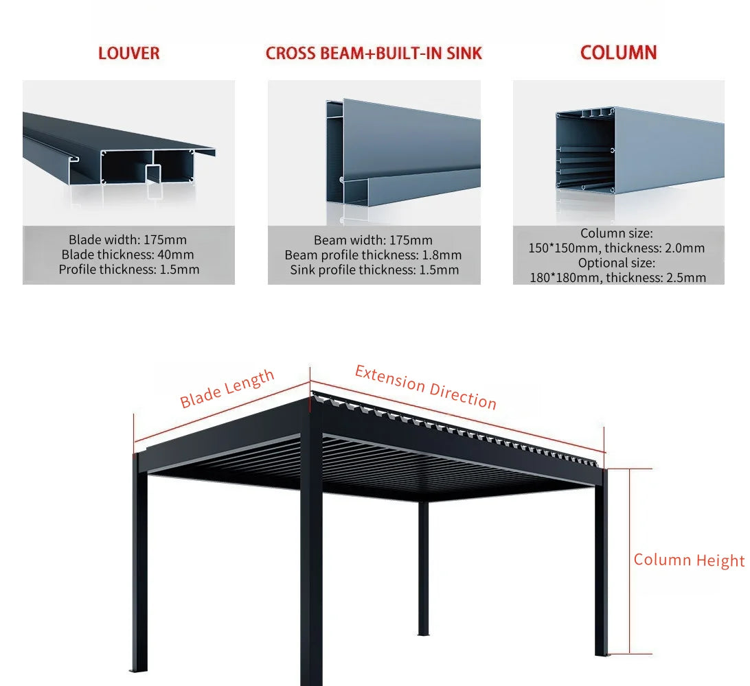 Louver Pergola with LED Light Aluminum Electric Wall Mounted Pavilion Waterproof 6x4 Louvered Aluminium Bioclimatic Pergolas
