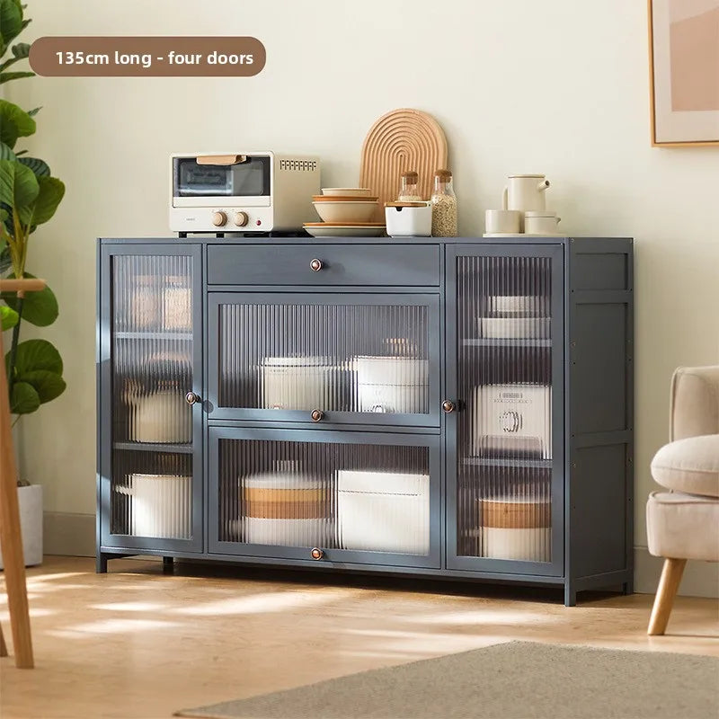 Kitchen shelves Floor-to-ceiling multi-layer storage cabinets with doors, cabinets, dishes, pots and pans, electrical appliances