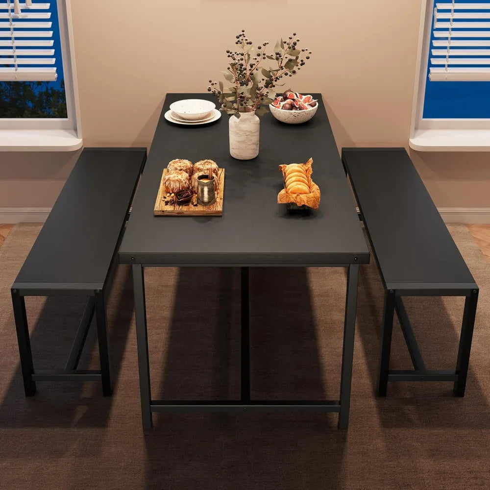 Dining Table Set for 4, Kitchen Table with Benches, Rectangular Dining Room Table Set with 2 Metal Wood Benches, 3 Piece Dining