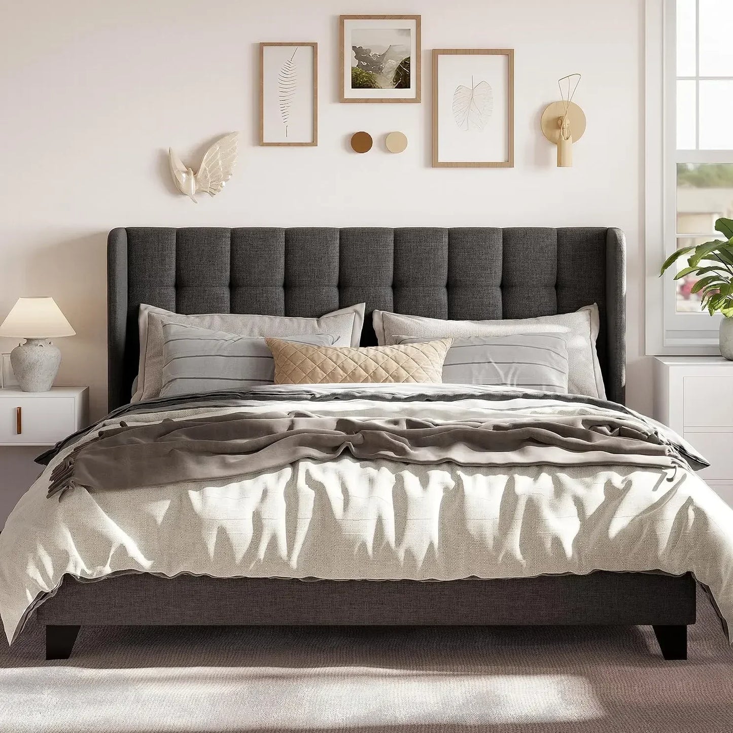 Fabric Upholstered Square Stitched Headboard and Wooden Slats Beds and Furniture for Home Mattress Basics Wingback Bed Set Frame