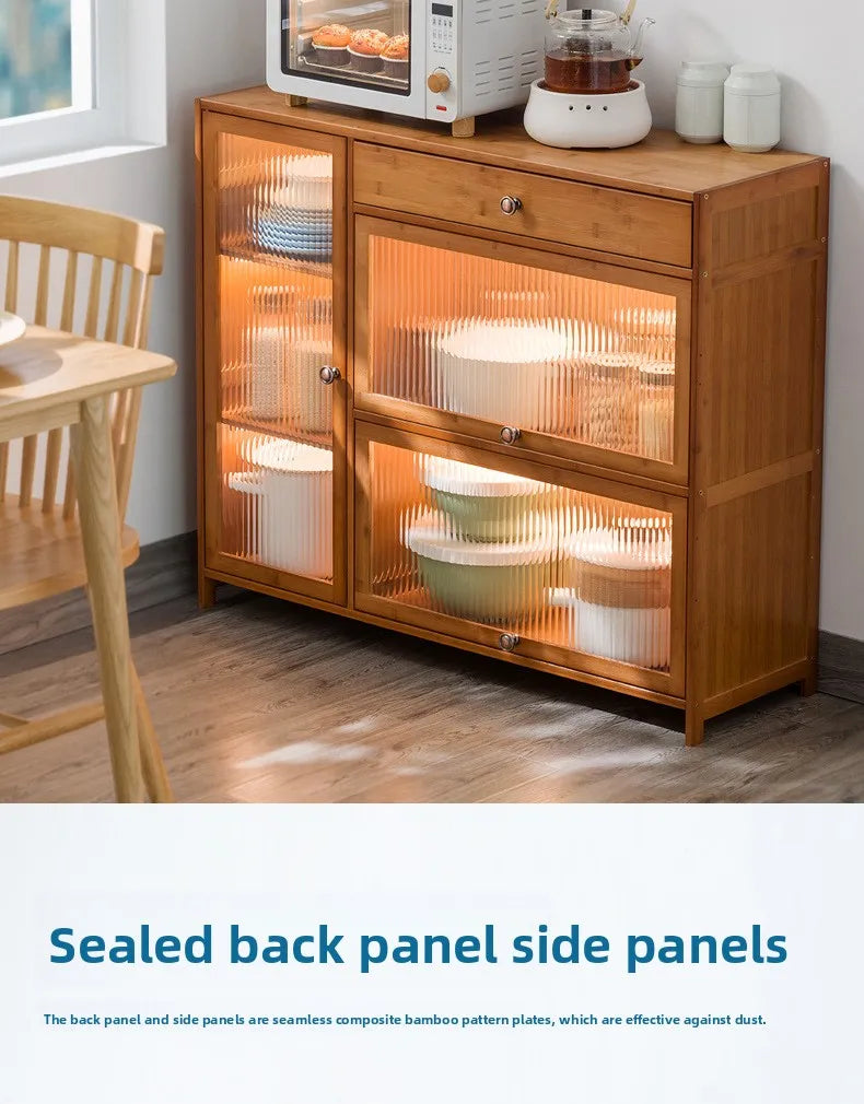 Kitchen shelves Floor-to-ceiling multi-layer storage cabinets with doors, cabinets, dishes, pots and pans, electrical appliances