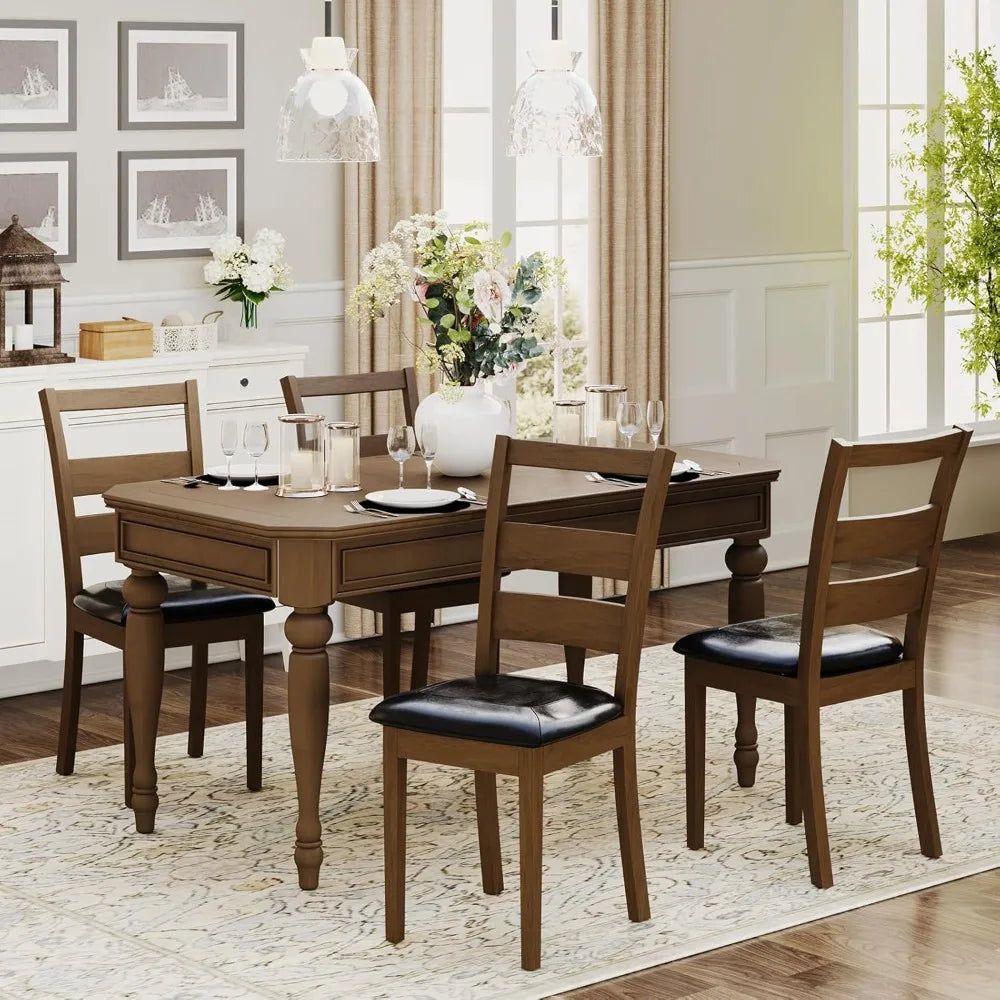 Upholstered Dining Chairs Set of 4, PU Leather Ladder High Back Dining Room Kitchen Side Chair with Adjustable Foot Pegs, Dark