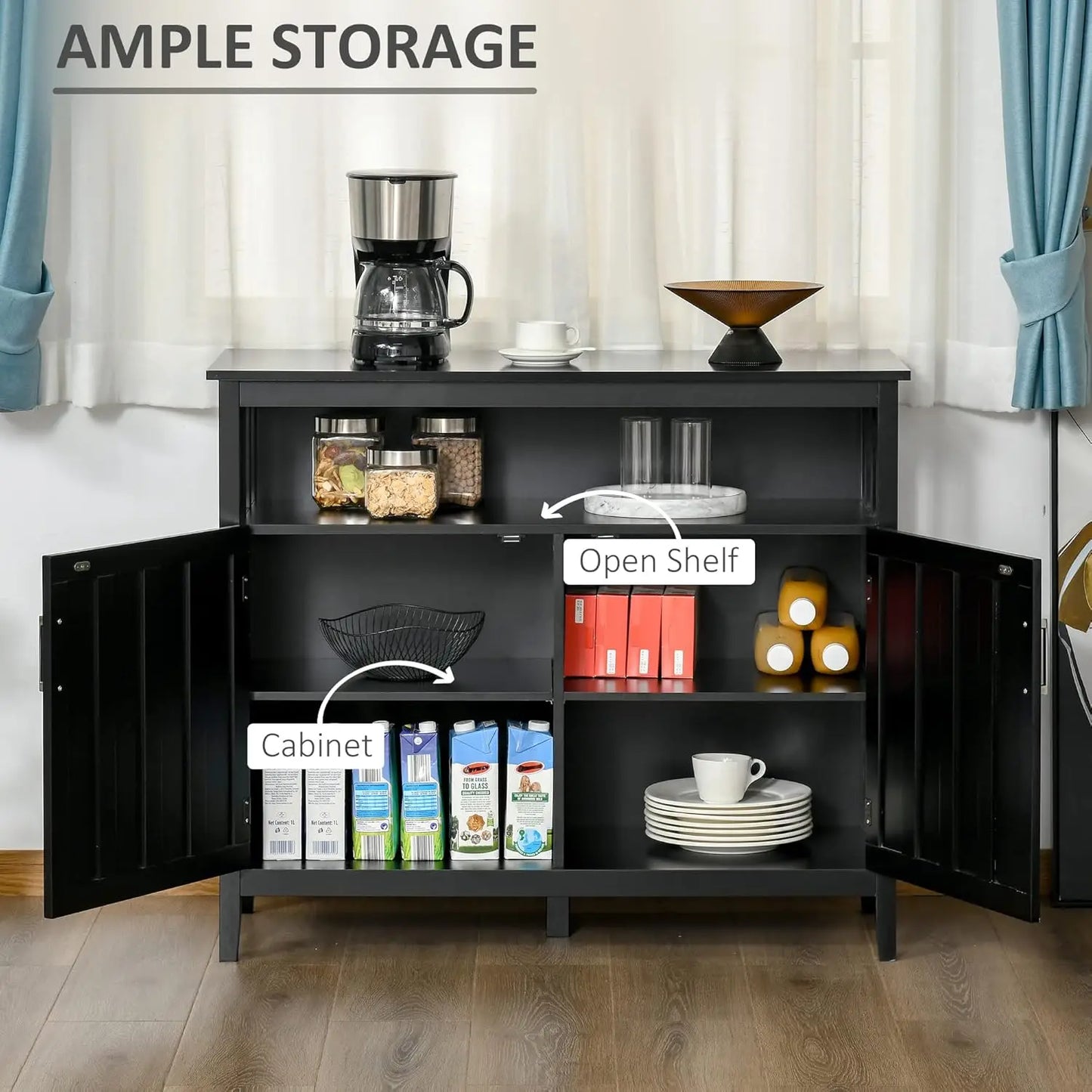 Sideboard Buffet Cabinet, Coffee Bar Cabinet with 2 Doors and Adjustable Shelves for Kitchen Entryway Living Room, Black