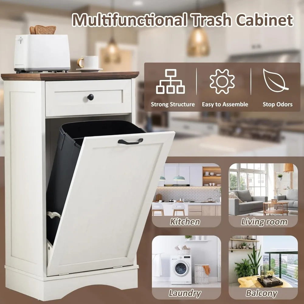 13 Gallons Tilt Out Trash Cabinet Freestanding Kitchen Trash Bin Cabinet Wood Garbage Recycling Cabinet with Hideaway Drawer Pet