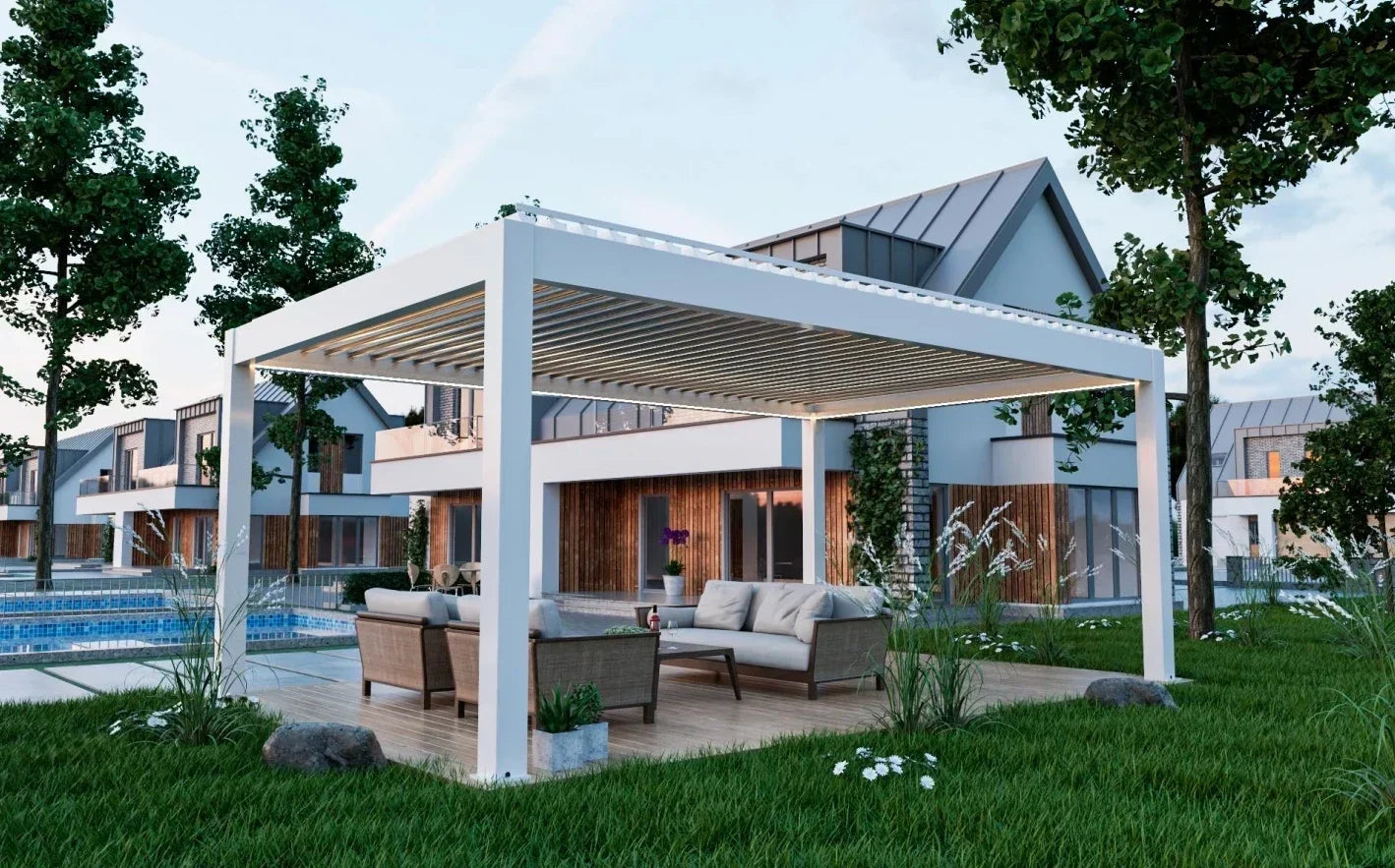 Louver Pergola with LED Light Aluminum Electric Wall Mounted Pavilion Waterproof 6x4 Louvered Aluminium Bioclimatic Pergolas