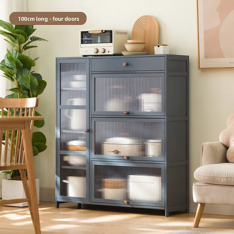Kitchen shelves Floor-to-ceiling multi-layer storage cabinets with doors, cabinets, dishes, pots and pans, electrical appliances
