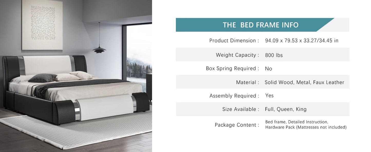 HOOMIC Modern Faux Leather Bed Frame with Iron Pieces Decor, Low Profile Platform Bed with Height-Adjustable Headboard