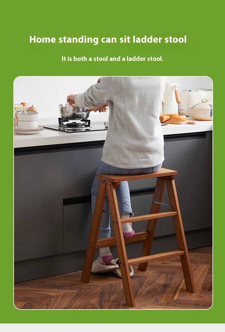 Household Solid Wood Folding Ladder Folding Chair Thickened Climbing Wooden Step Stool (Natural Wood Color)