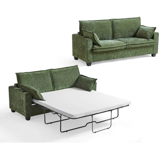 2-in-1 Pull-Out Sofa Bed, Convertible Chenille Sofa with 20W Fast Charging, LED Light, Foam Couch Layered Cushion Trim