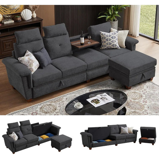 110" Convertible L-Shaped Sectional Sofa | 4-Seat Couch with Ottoman, Storage & Cup Holders