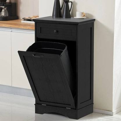13 Gallons Tilt Out Trash Cabinet Freestanding Kitchen Trash Bin Cabinet Wood Garbage Recycling Cabinet with Hideaway Drawer Pet