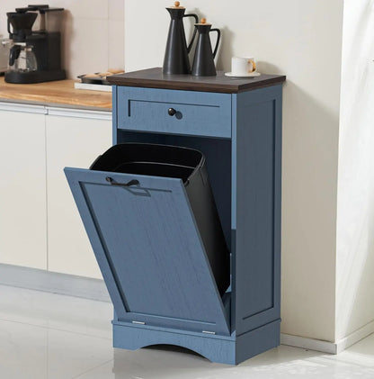 13 Gallons Tilt Out Trash Cabinet Freestanding Kitchen Trash Bin Cabinet Wood Garbage Recycling Cabinet with Hideaway Drawer Pet
